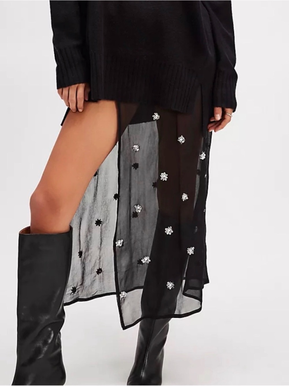 NEW Free People black Sheer Swim coverup Sarong embellished wrap skirt one size